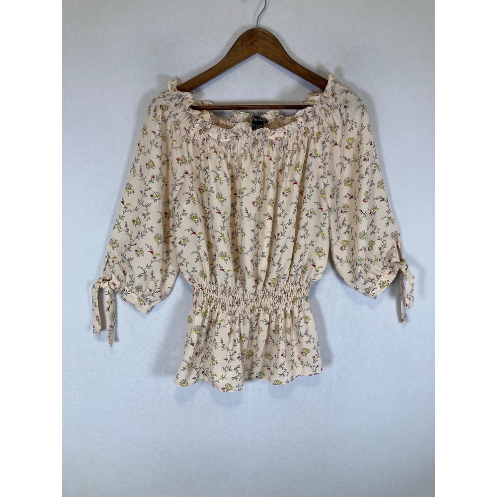 Cottagecore Timing Women Small Cream Floral Smocked‎ Off Shoulder Peplum Blouse